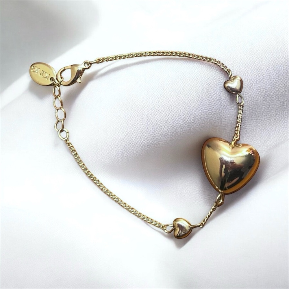 Puff Heart Gold Tone Charm Bracelet Dainty 8”